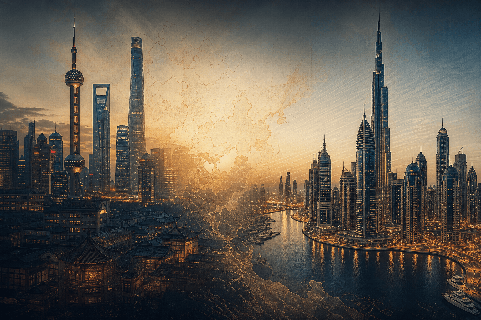 Capital corridor from China to Dubai — dual city skyline at dusk