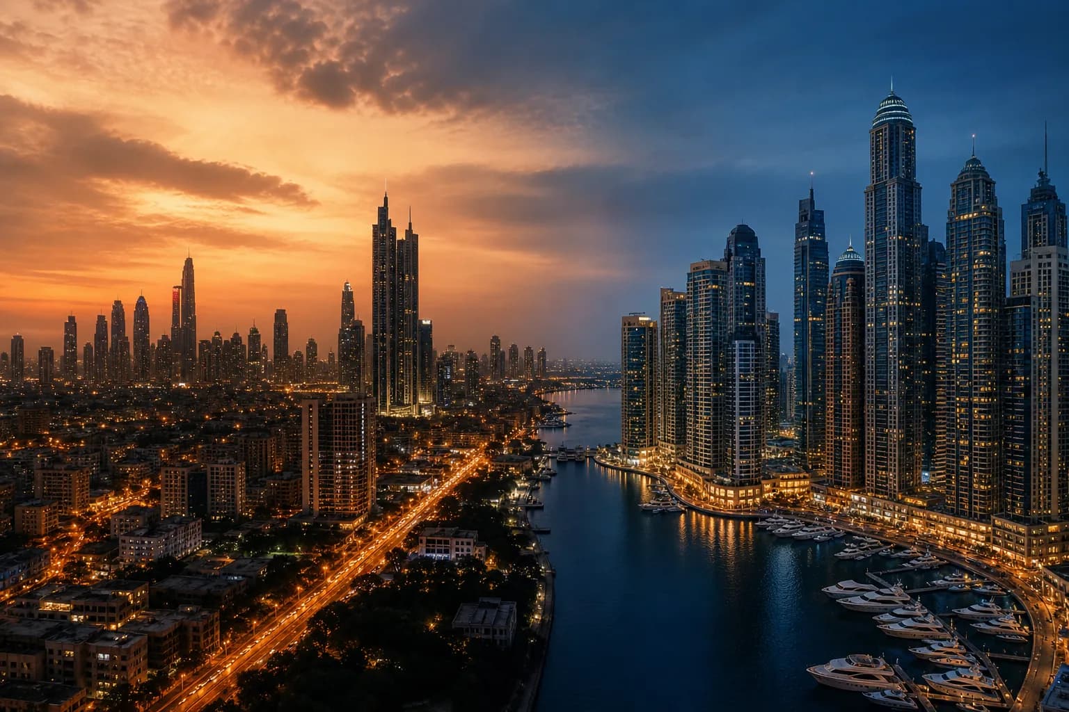 Capital corridor from India to Dubai — dual city skyline at dusk