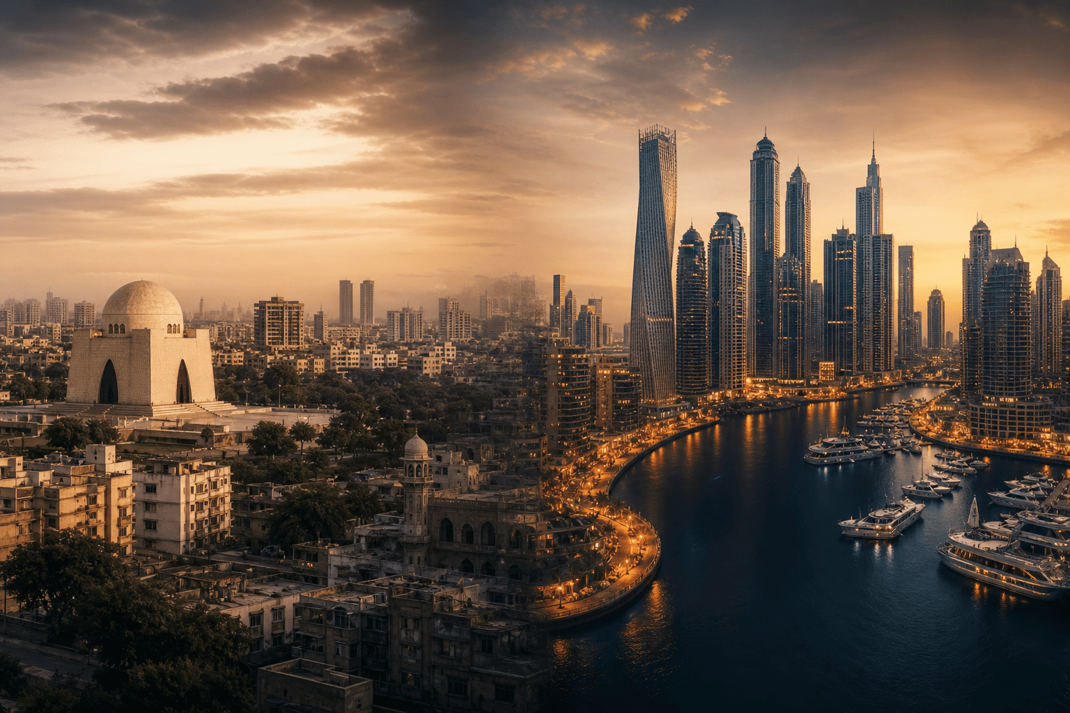 Capital corridor from Pakistan to Dubai — dual city skyline at dusk