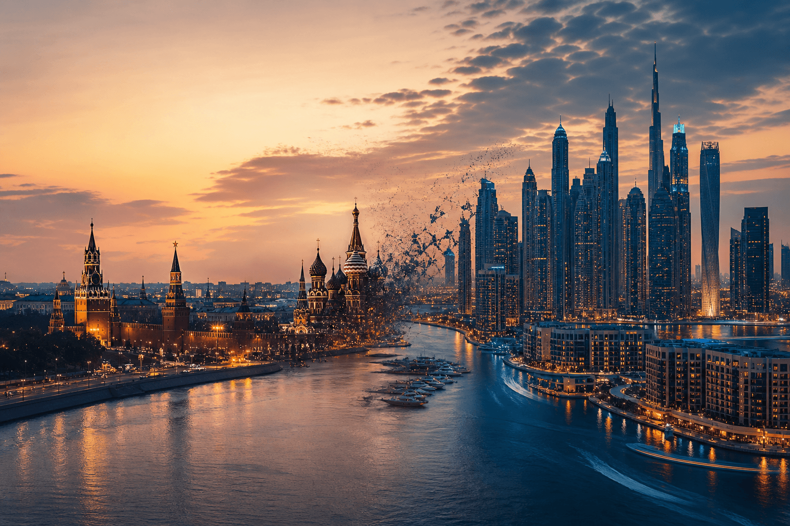 Capital corridor from Russia to Dubai — dual city skyline at dusk