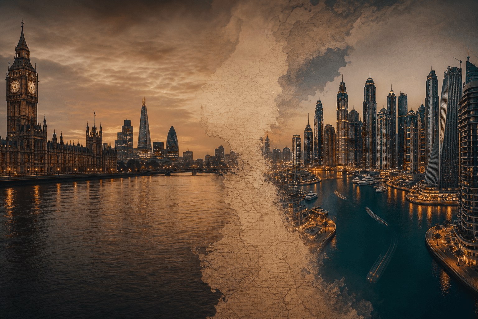Capital corridor from London to Dubai — dual city skyline at dusk