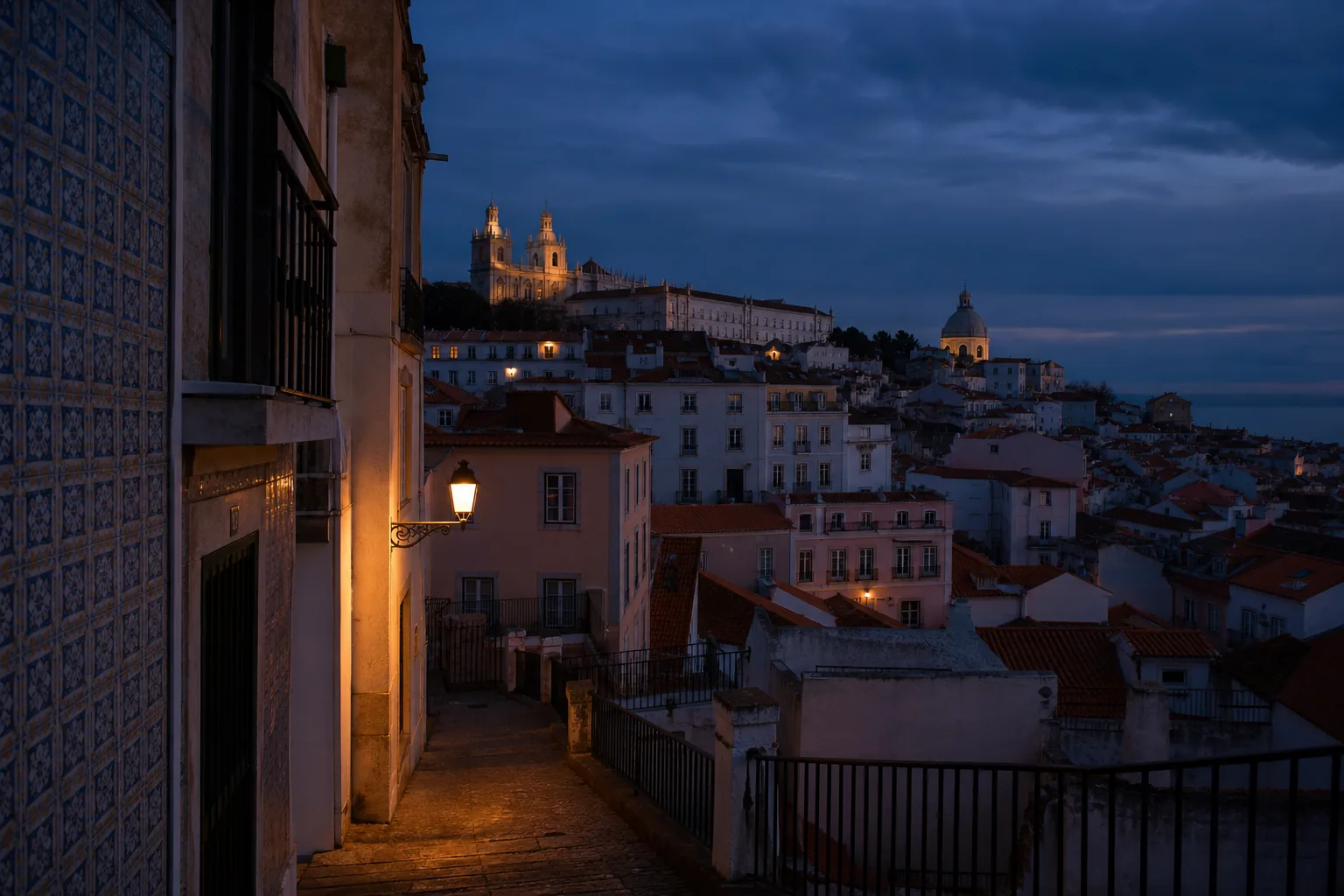 Lisbon hillside rooftops at dusk — property without a residency route